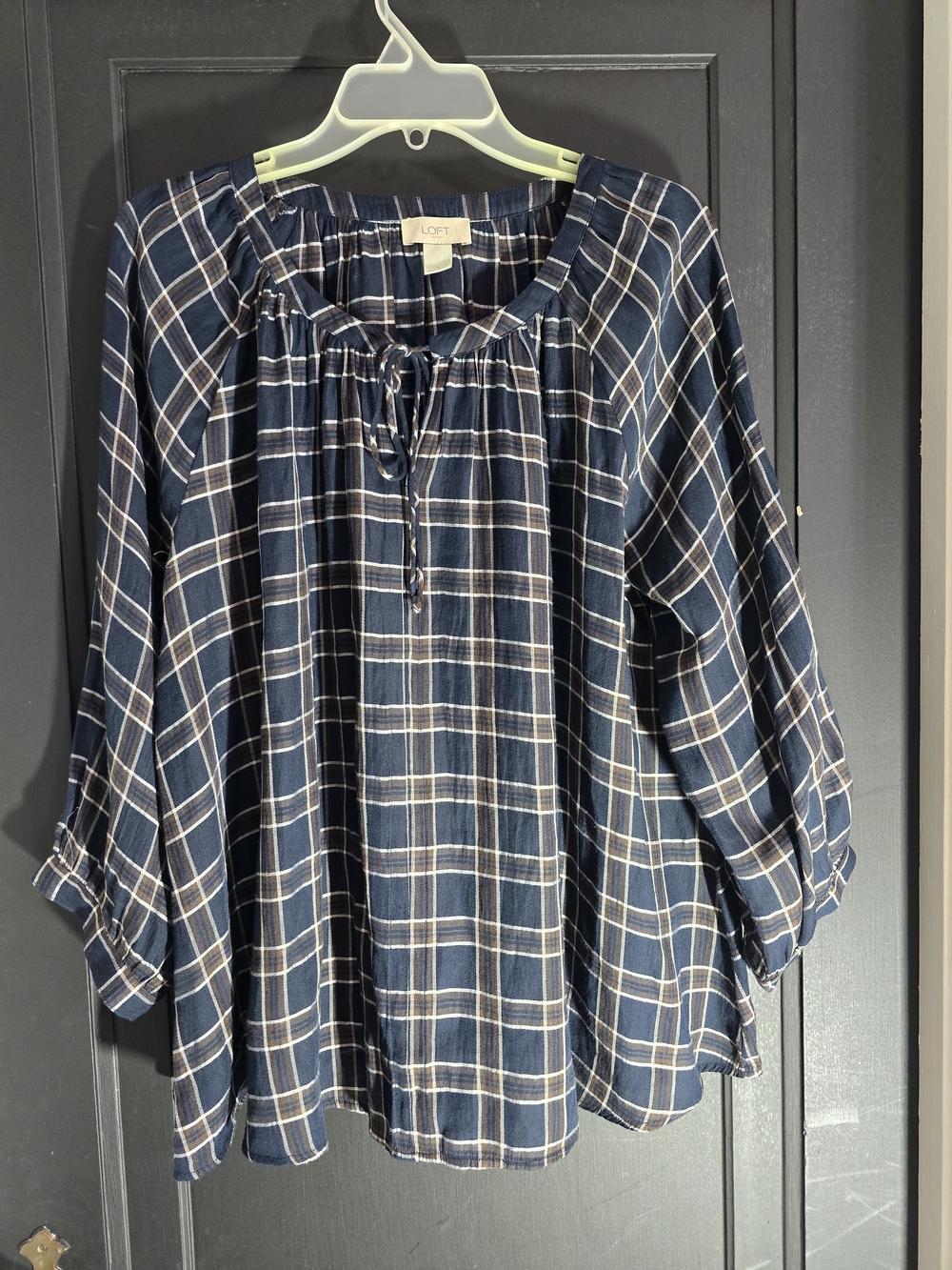 LOFT Navy Plaid Peasant Top